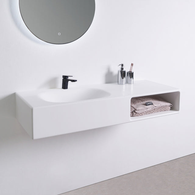 Spio WM 120L w/Shelf-WALL MOUNT WASHBASINS-訂造一體無縫洗手盆,Tailor made Washbasins,waterbasin hk, 浴室物料,浴室裝修,訂造洗手盆,浴室翻新,Bathroomware ,Bespoke bathroom,浴室配件,訂造浴室潔具,訂造浴室傢俬,香港 浴室設計 公司,best custom bathroom furniture HK, Infinite Bath