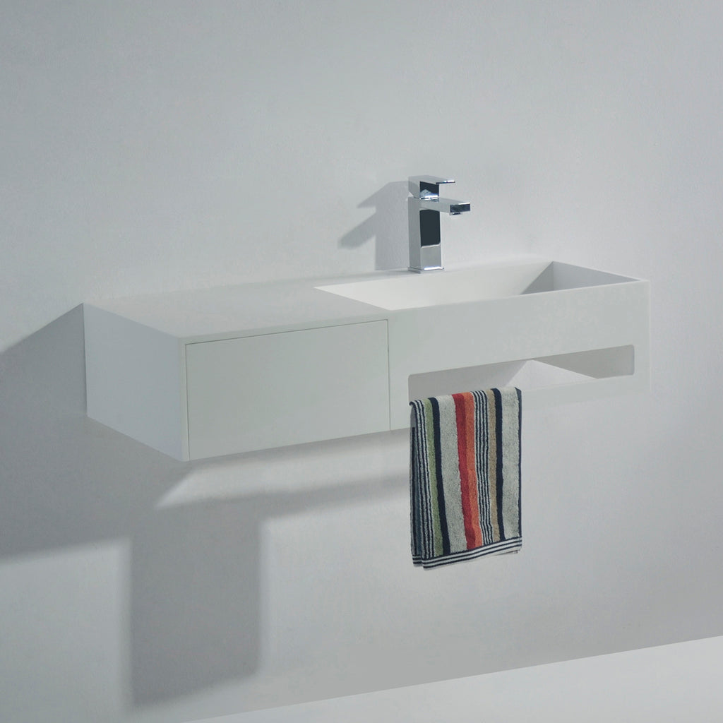 INFINITE | Pure WM 90R with Drawer | Wall Mount Washbasin | INFINITE Solid Surfaces