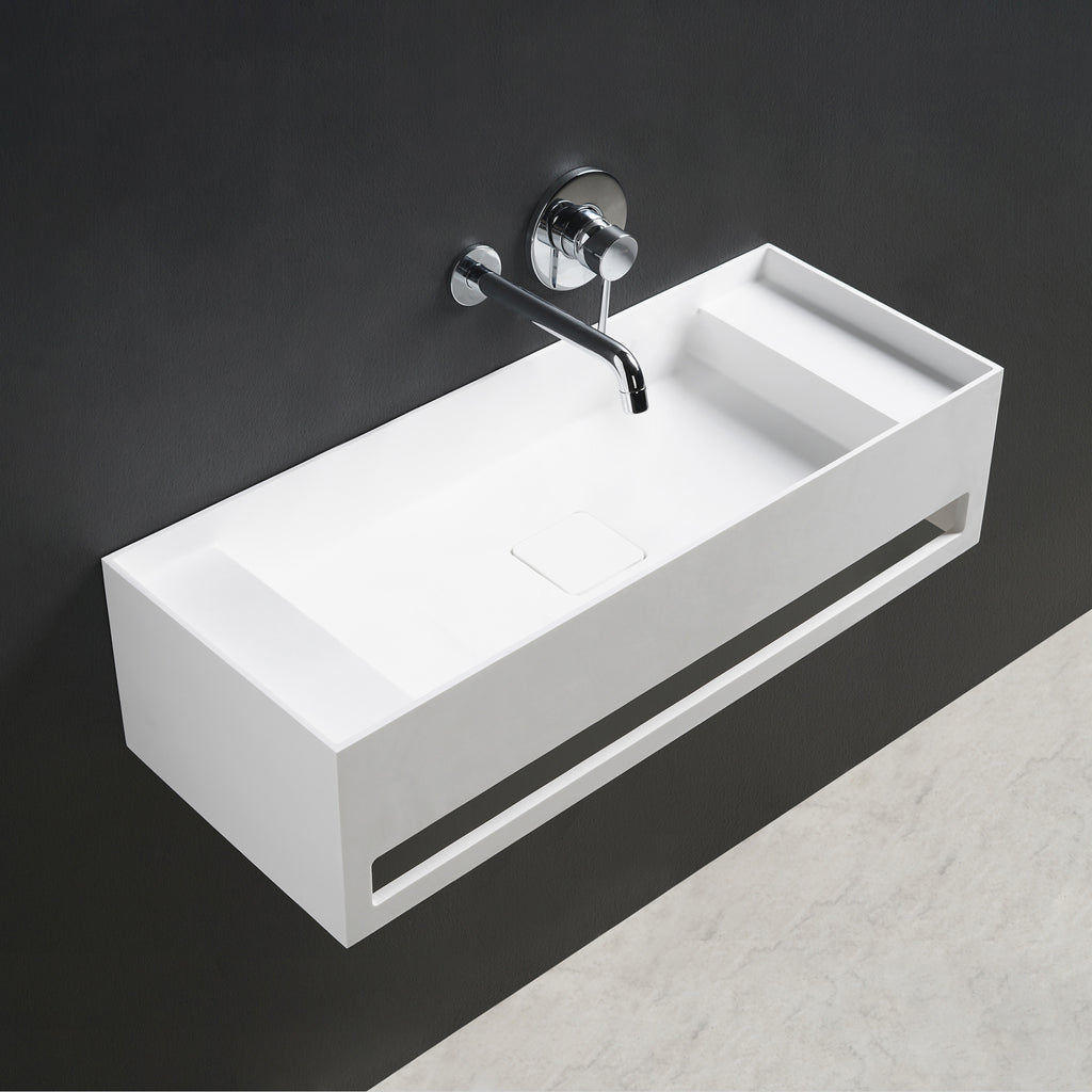 INFINITE | CUBE-X WM 70 with Towel Bar & Deck | Wall Mount Washbasin | INFINITE Solid Surfaces