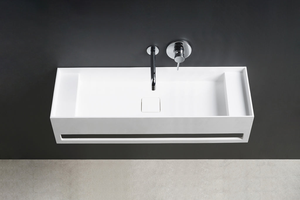 INFINITE | CUBE-X WM 90 with Towel Bar & Deck | Wall Mount Washbasin | INFINITE Solid Surfaces