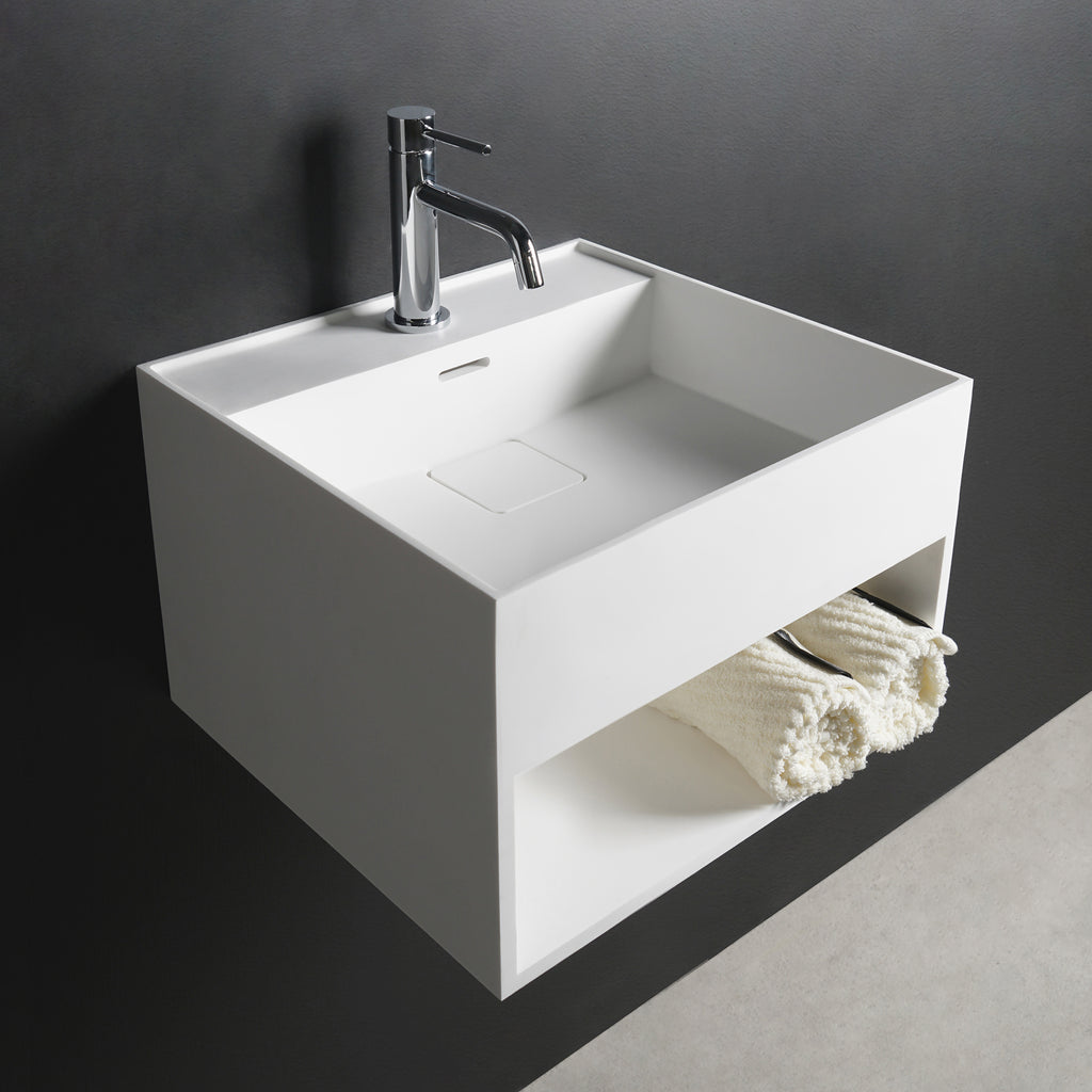 INFINITE | CUBE-X WM 40 with Shelf | Wall Mount Washbasin | INFINITE Solid Surfaces