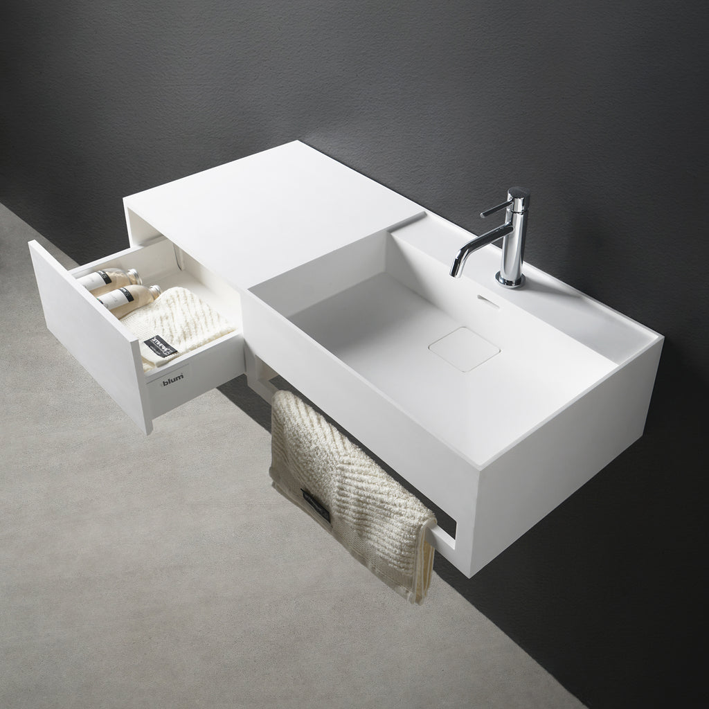 INFINITE | CUBE-X WM 90R with Drawer | Wall Mount Washbasin | INFINITE Solid Surfaces